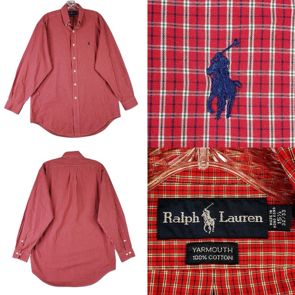 Polo Ralph Lauren Oxford Shirt Mens Size 15.5 Medium Button Down Red Plaid